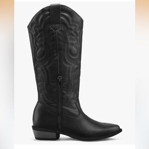 NWT Black Pull On Cowboy Boots Mid Calf Cowgirl Embroidered Western Pointed Toe